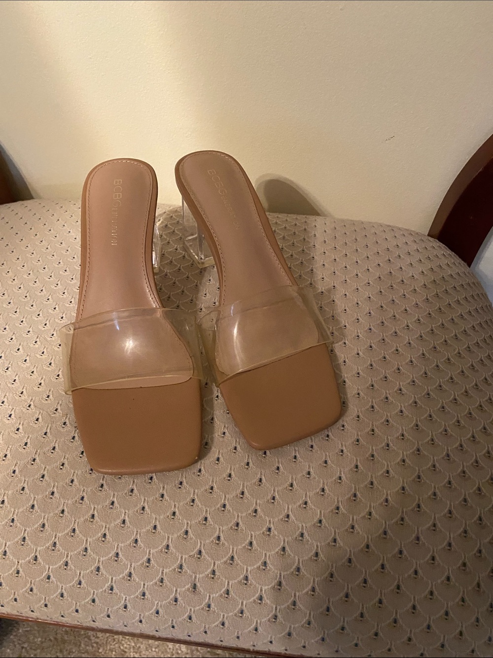 BCBGeneration Nude Clear Strap Square Toe Slide Heels